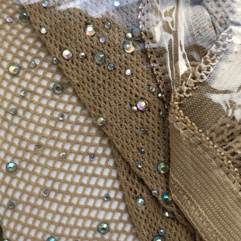 NWT Rhinestone Nude Tan Fishnets Tights Stocking Club Going Out Sexy Beige